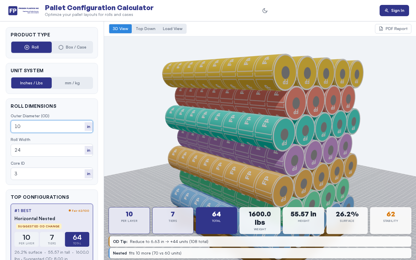 FP Pallet Optimizer — 3D view showing colorful branded rolls stacked on a pallet with configuration panel