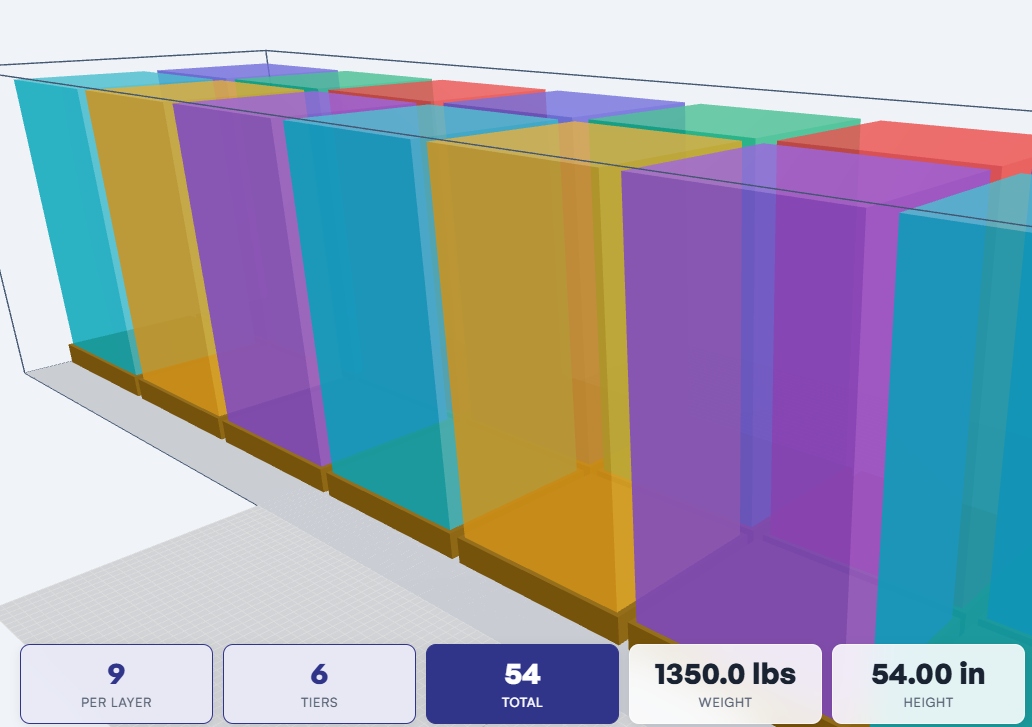 Container load view showing pallets inside a shipping container at a 45-degree angle
